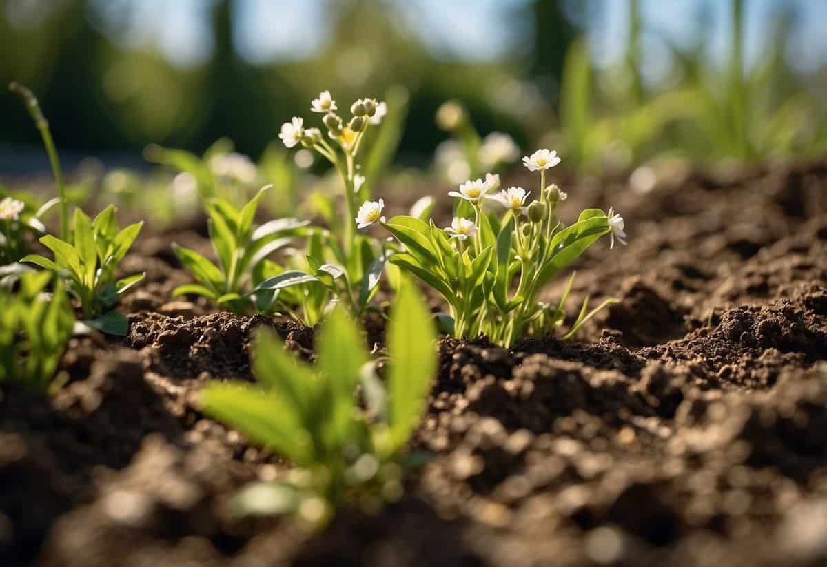 Lush green garden with budding flowers and fresh shoots emerging from the soil. A clear blue sky and warm sunlight bathe the scene