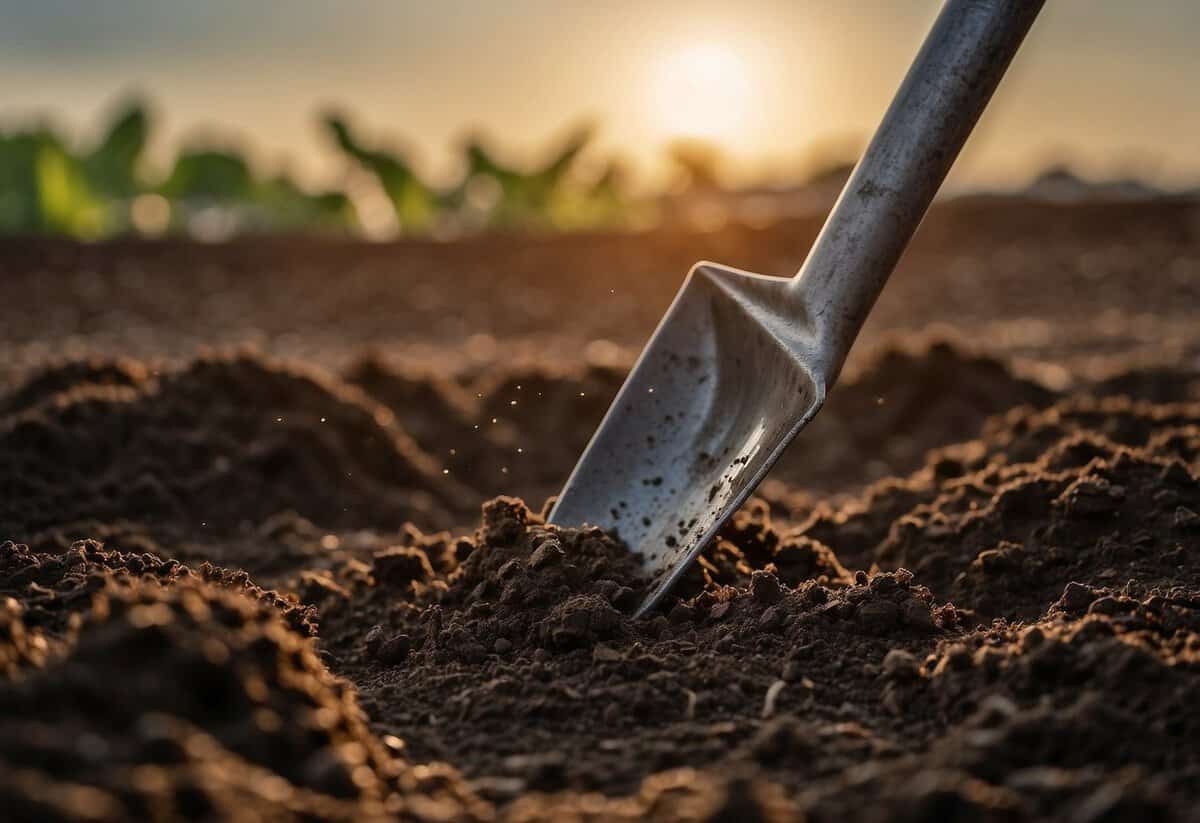 The soil is being turned over with a shovel, mixing in compost and fertilizer. The sun is shining, and birds are chirping in the background