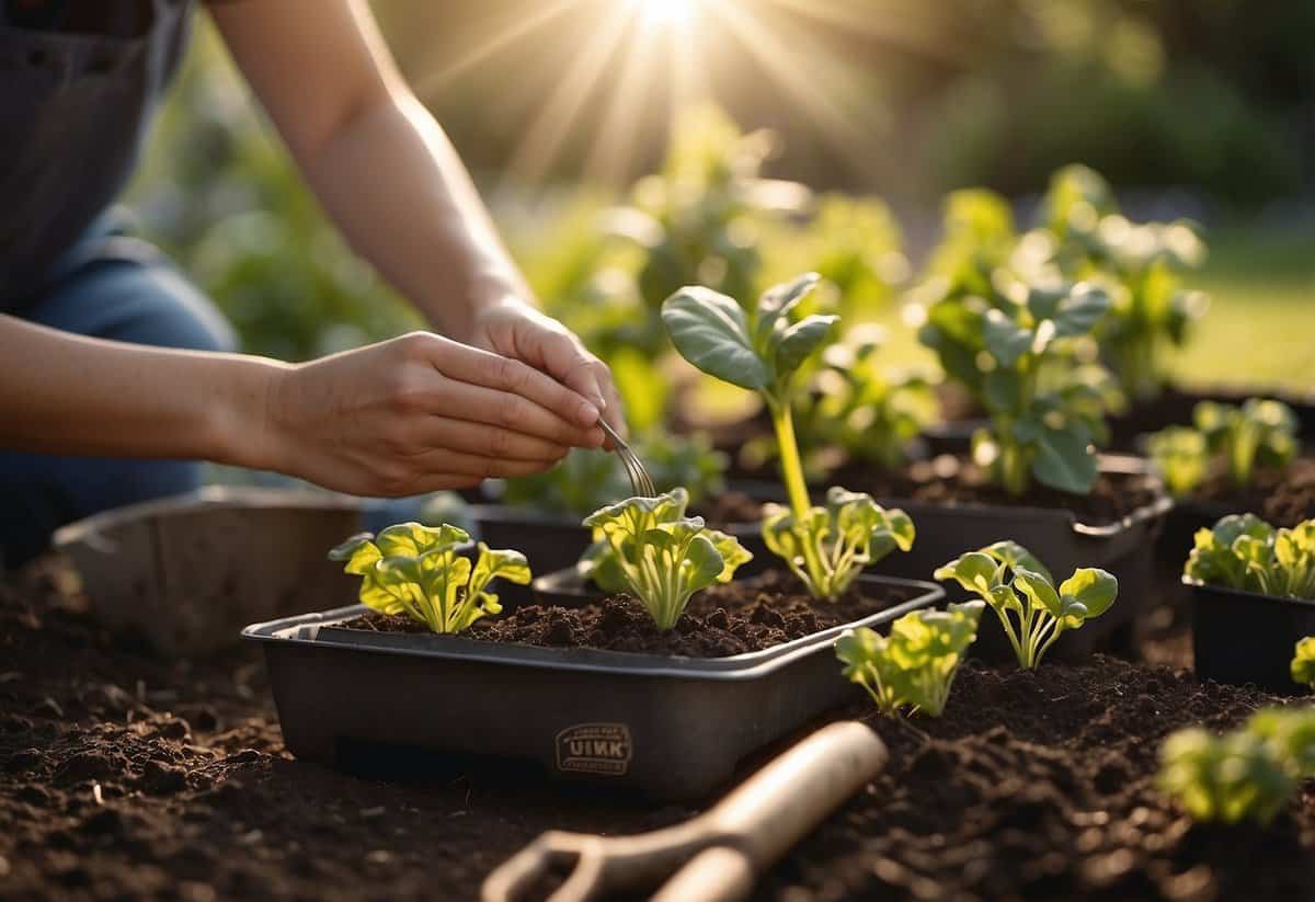 A person planting early vegetables in a garden, surrounded by gardening tools and seed packets, with the sun shining and birds chirping