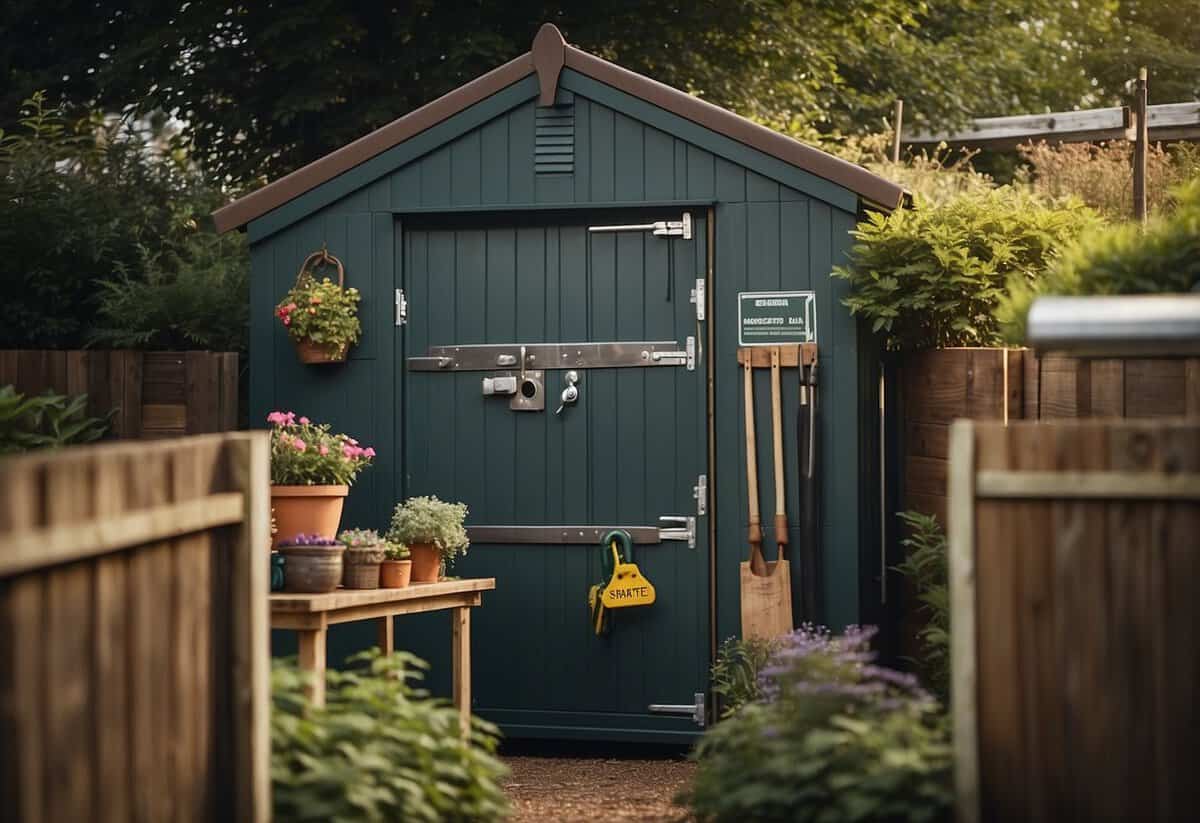 A garden shed with a padlocked door, tools neatly organized on hooks, and safety signage displayed prominently