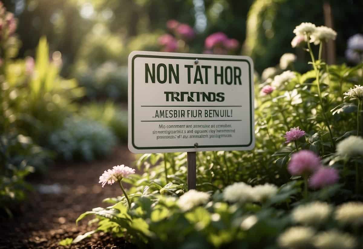 A lush garden with labeled, non-toxic chemicals, safety gear, and a clear, easy-to-read safety tips sign