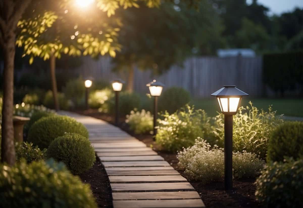 A well-lit garden with clear pathways, solar-powered lights along the edges, and well-maintained outdoor lighting fixtures