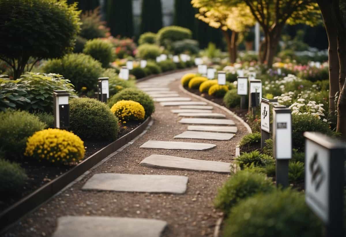 A well-maintained garden with clear pathways, labeled safety signs, and proper lighting