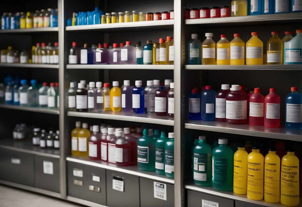 Chemicals stored in locked cabinets, away from children and pets. Labels clearly marked with contents and safety instructions. Hazardous materials stored separately