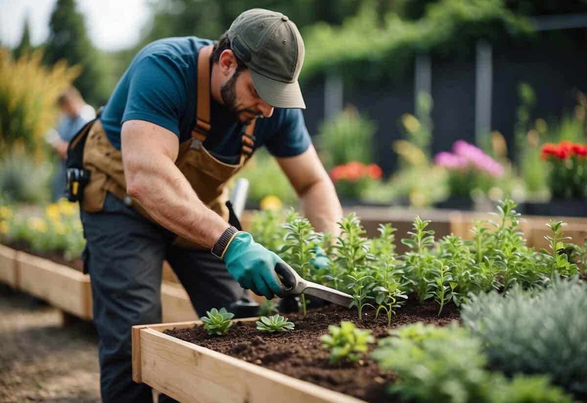 A gardener installs raised flower beds with tools and plants in a neatly designed garden