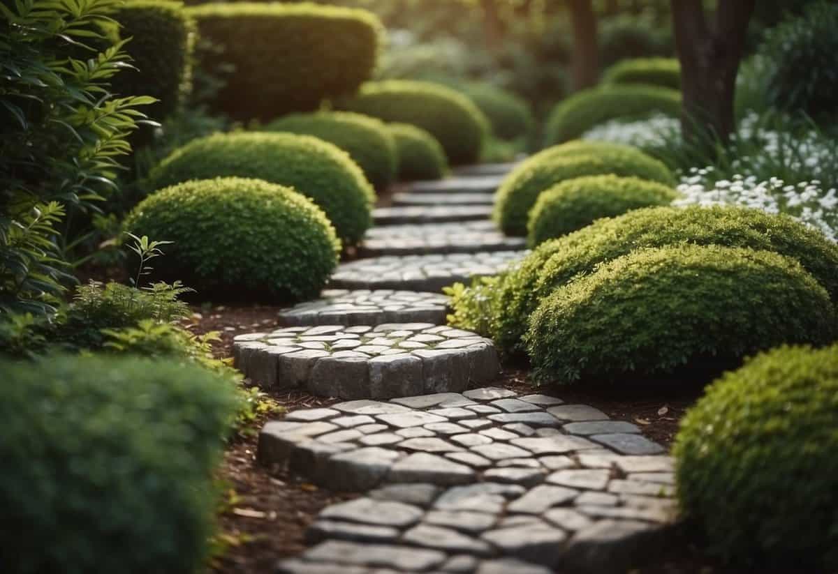 A winding garden path winds through lush greenery with carefully placed stepping stones leading the way