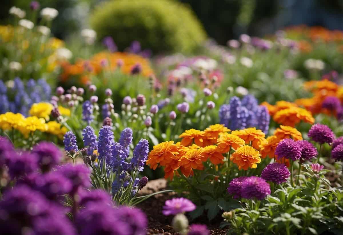 A garden bed with a variety of flowers in bloom, including both perennials and annuals, creating a vibrant and colorful display