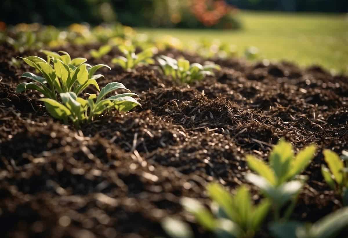 Mulch covers soil in a garden, retaining moisture. It's August in the UK