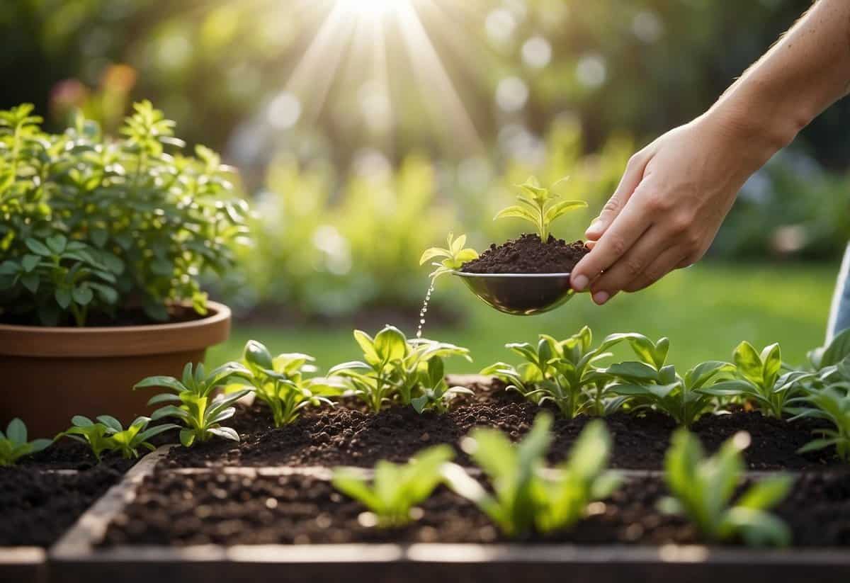 Lush green plants being fed balanced fertilizer in a sunny garden