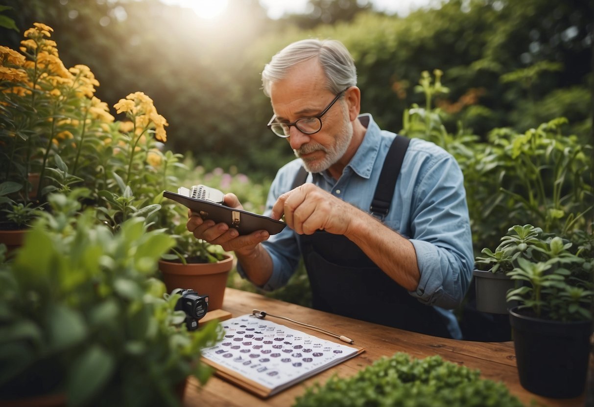 A person inspects plants for pests in a garden, surrounded by tools and plants. The calendar shows August, with a UK flag in the background