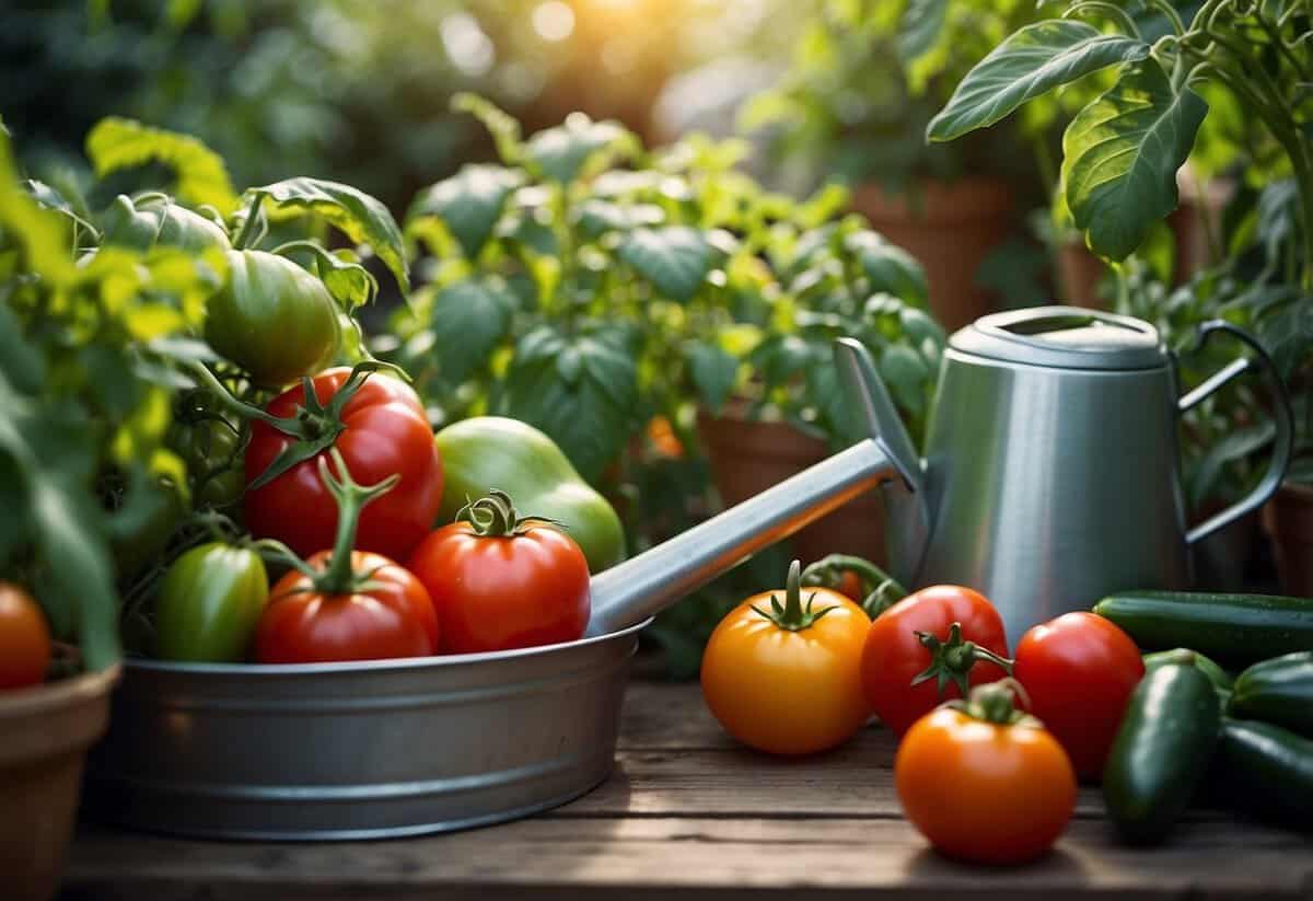 Lush garden bed with tomatoes, zucchinis, and peppers. Sunlight filters through the leaves. Gardening tools and watering can nearby. Text: "Plant late-summer vegetables gardening tips August UK."