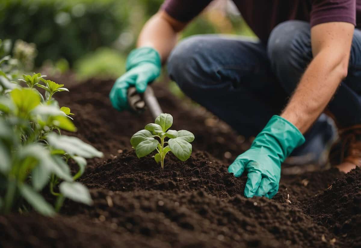 A gardener adds compost to soil in a UK garden, following August gardening tips