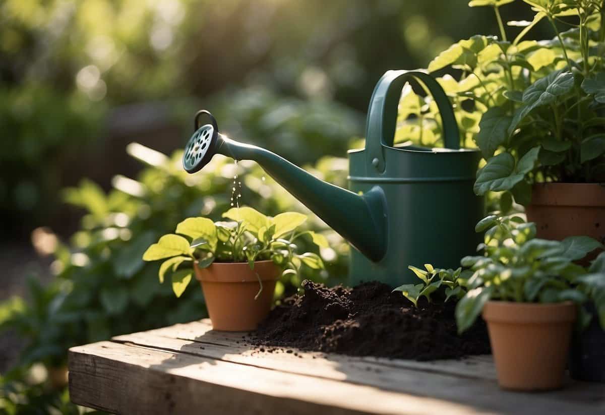 Lush green garden with a watering can, pruning shears, and a bag of fertilizer. Sunlight filters through the leaves as a gardener tends to the plants