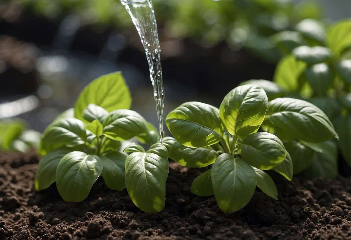 Lush basil plants in a well-tended garden, with a gentle stream of water being poured onto the soil