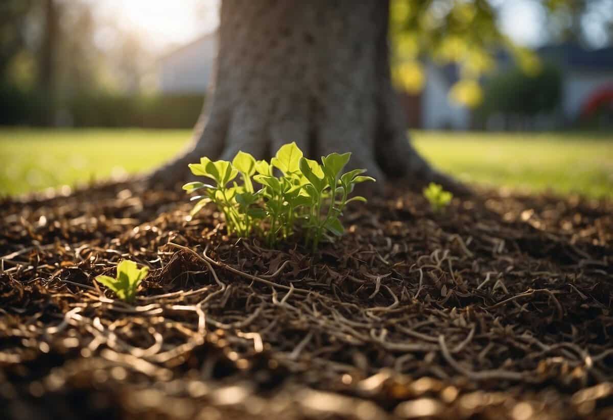 A layer of mulch covers the soil around the base of a tree and various plants in a garden, protecting their roots from the harsh winter conditions