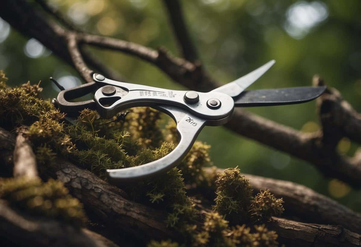 A pair of pruning shears cuts through dead branches in a garden, preparing for winter