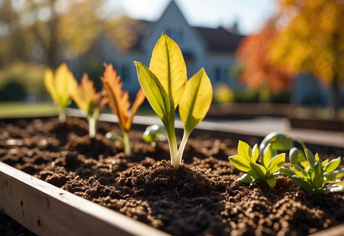 Bulbs being planted in a garden bed with a backdrop of autumn leaves and a clear blue sky