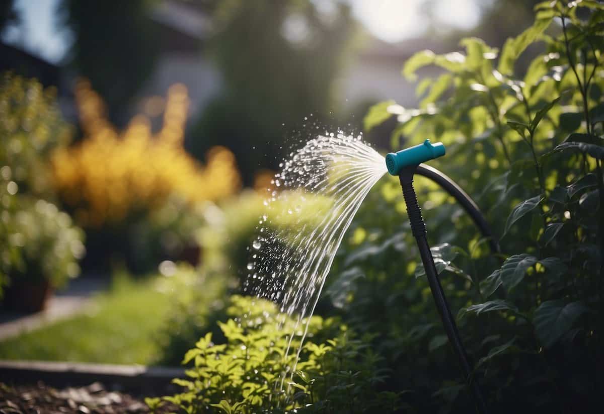 Garden hose watering plants in the garden before winter