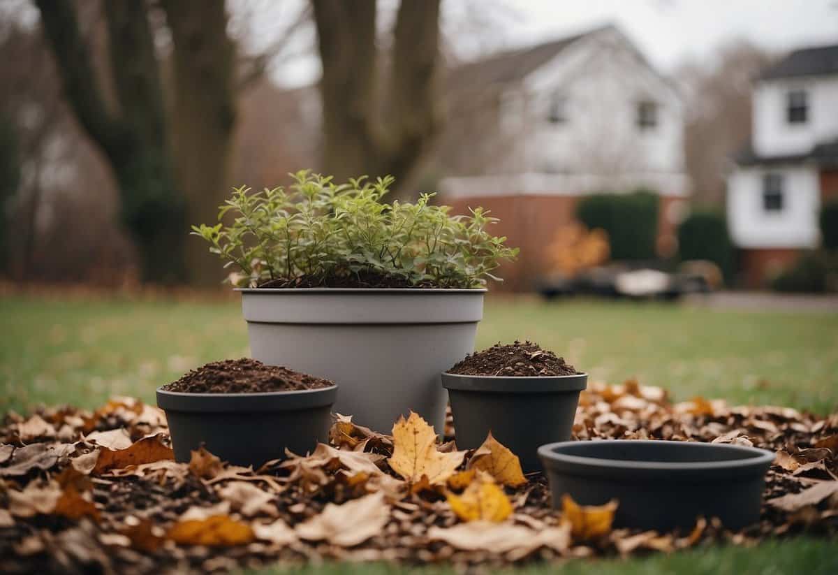 A garden with bare trees, fallen leaves, and empty planters. A stack of winter gardening supplies sits nearby