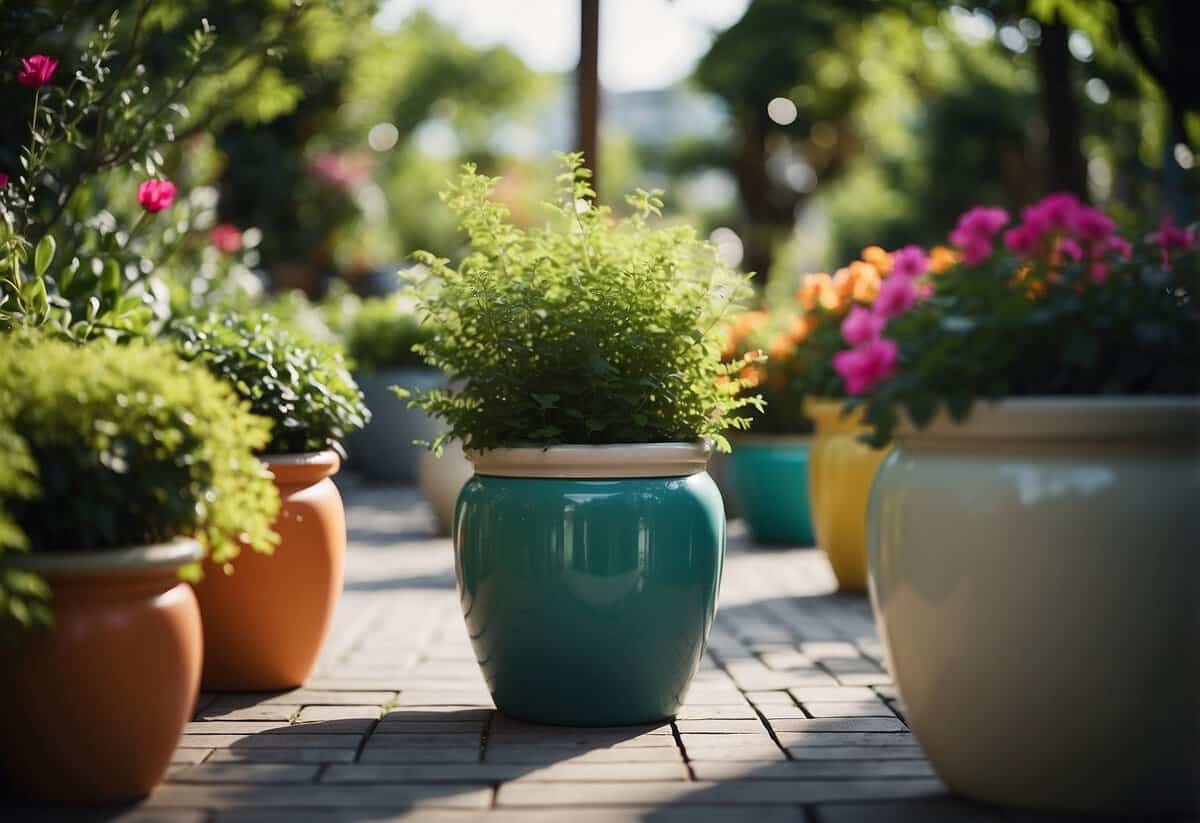 Vibrant ceramic planters adorn a garden, filled with lush greenery, adding a pop of color and charm to the outdoor space