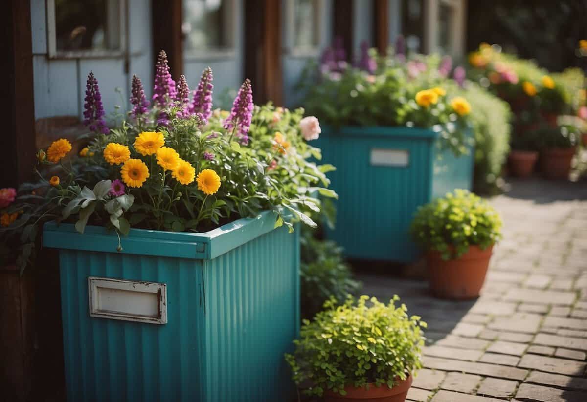 Vintage containers filled with vibrant flowers and greenery adorn the garden, adding a touch of charm and character to the outdoor space