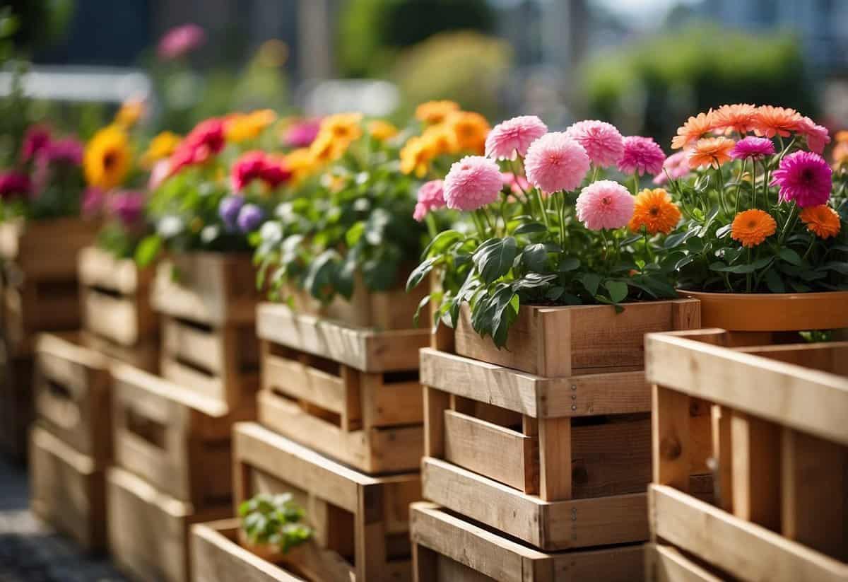 Wooden crates arranged as planters in a garden, filled with vibrant flowers and greenery, adding charm and beauty to the outdoor space