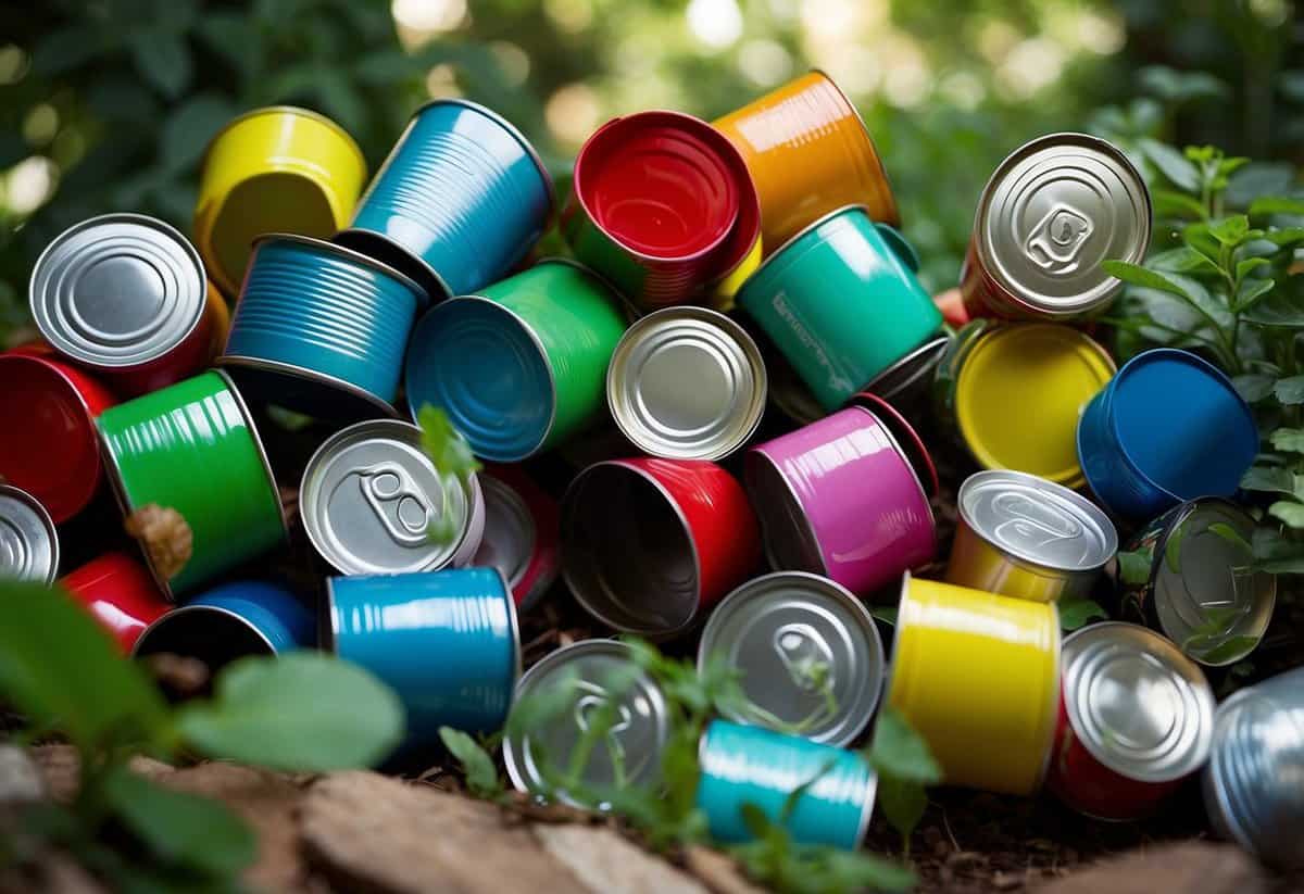 Colorful tin cans arranged in a garden, each hand-painted with vibrant designs. Lush green plants spill out from the top, adding a pop of color to the outdoor space