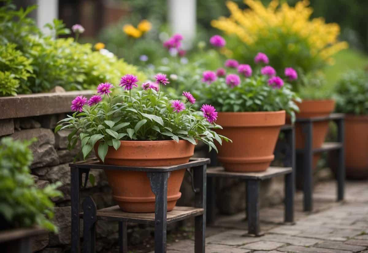 Rustic iron plant stands hold colorful planters in a lush garden setting