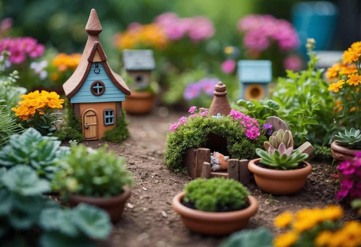 Colorful planters of various shapes and sizes arranged in a whimsical fairy garden, surrounded by lush greenery and blooming flowers