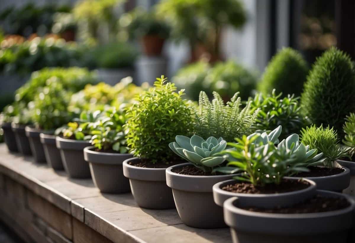 Lush green plants fill a variety of planters, arranged in a harmonious display, adding vibrant color and texture to the garden space