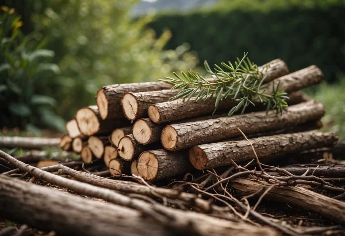 Dry wood is gathered in a garden, ready for a bonfire. Twigs and branches are stacked in a pile, with hints of greenery in the background