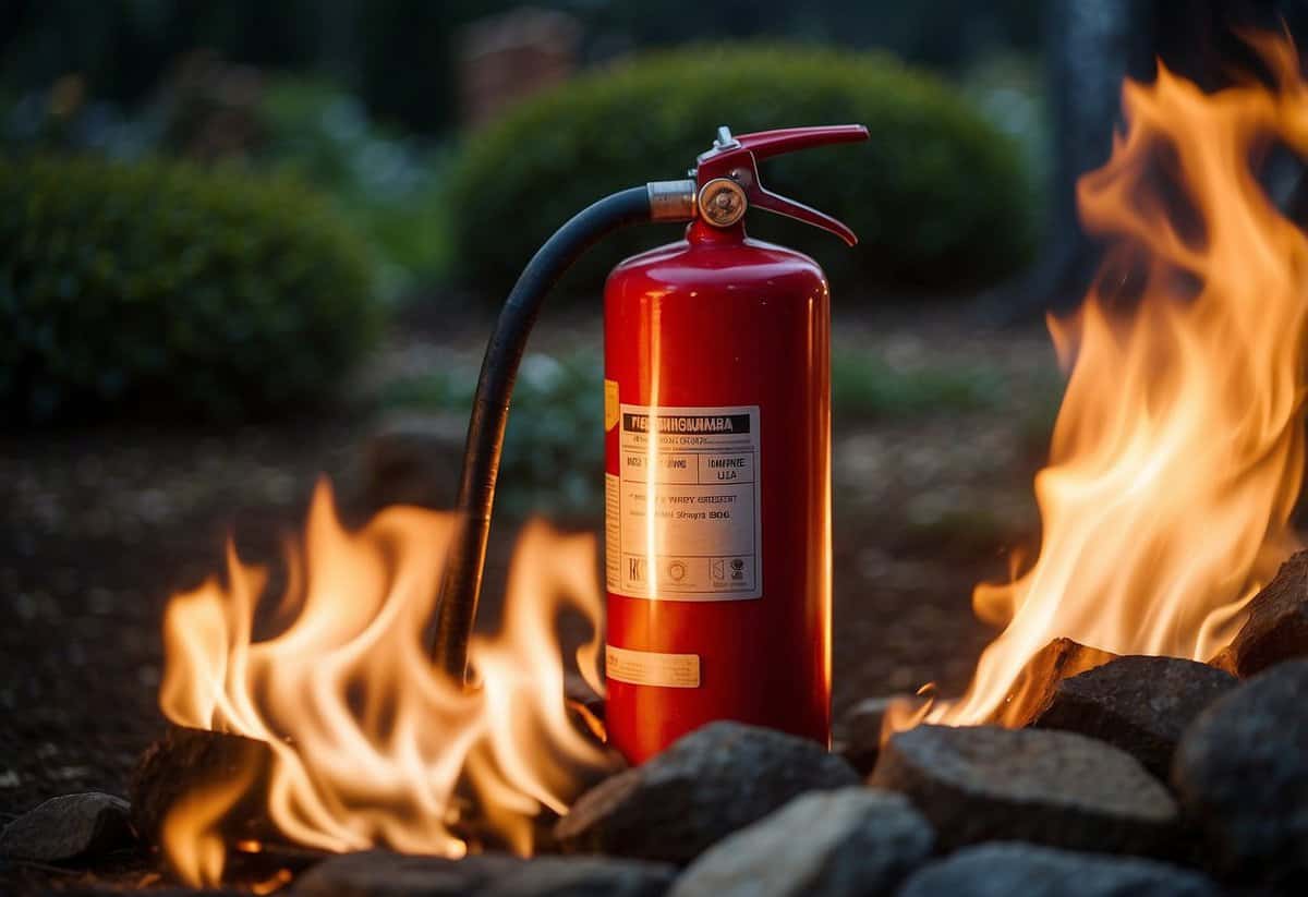 A fire extinguisher sits next to a roaring bonfire in a garden. The flames dance and crackle, casting a warm glow on the surrounding area