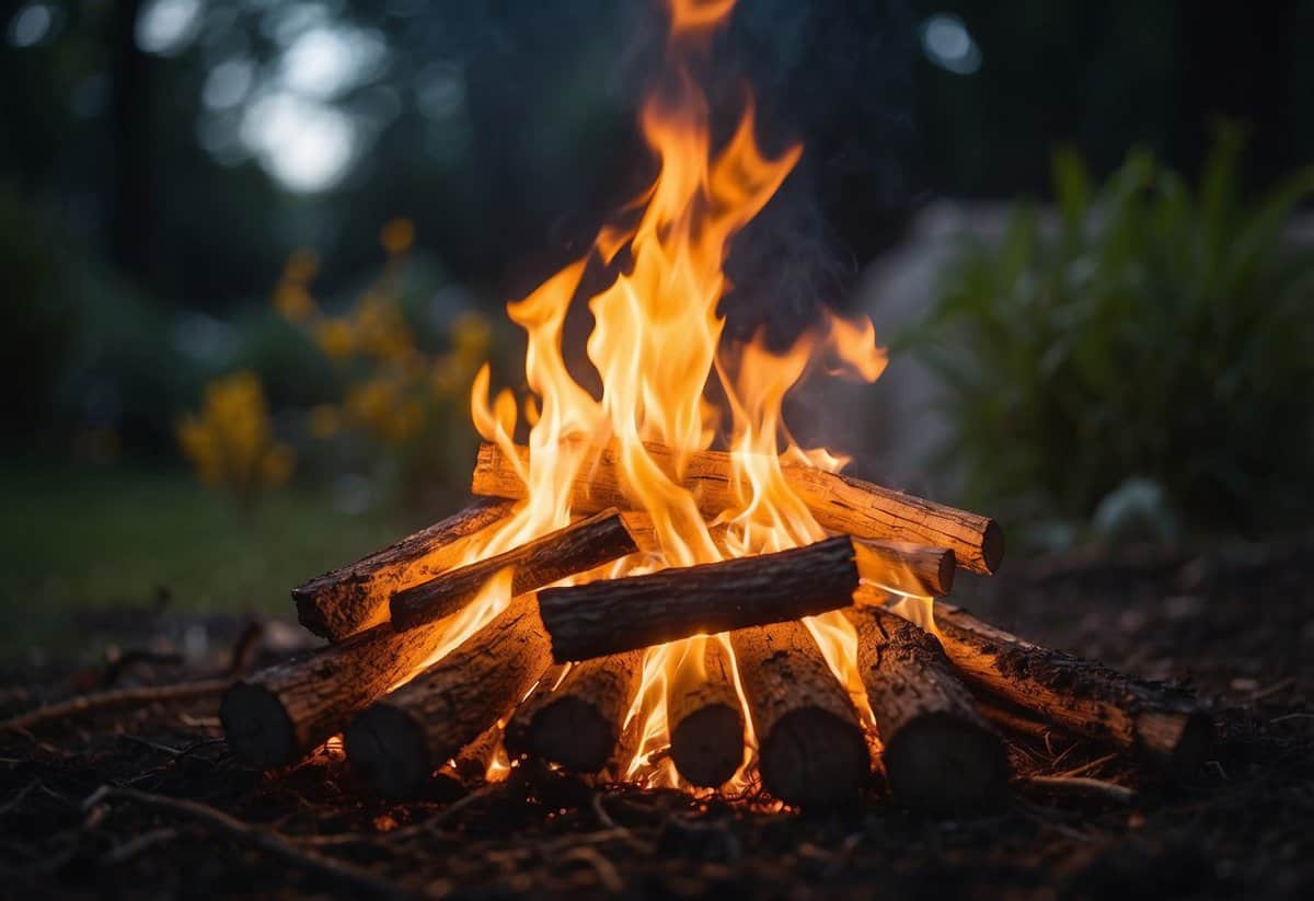 A garden bonfire is lit using Fire Starters tips. Flames dance around the crackling wood, casting a warm glow on the surrounding plants and trees