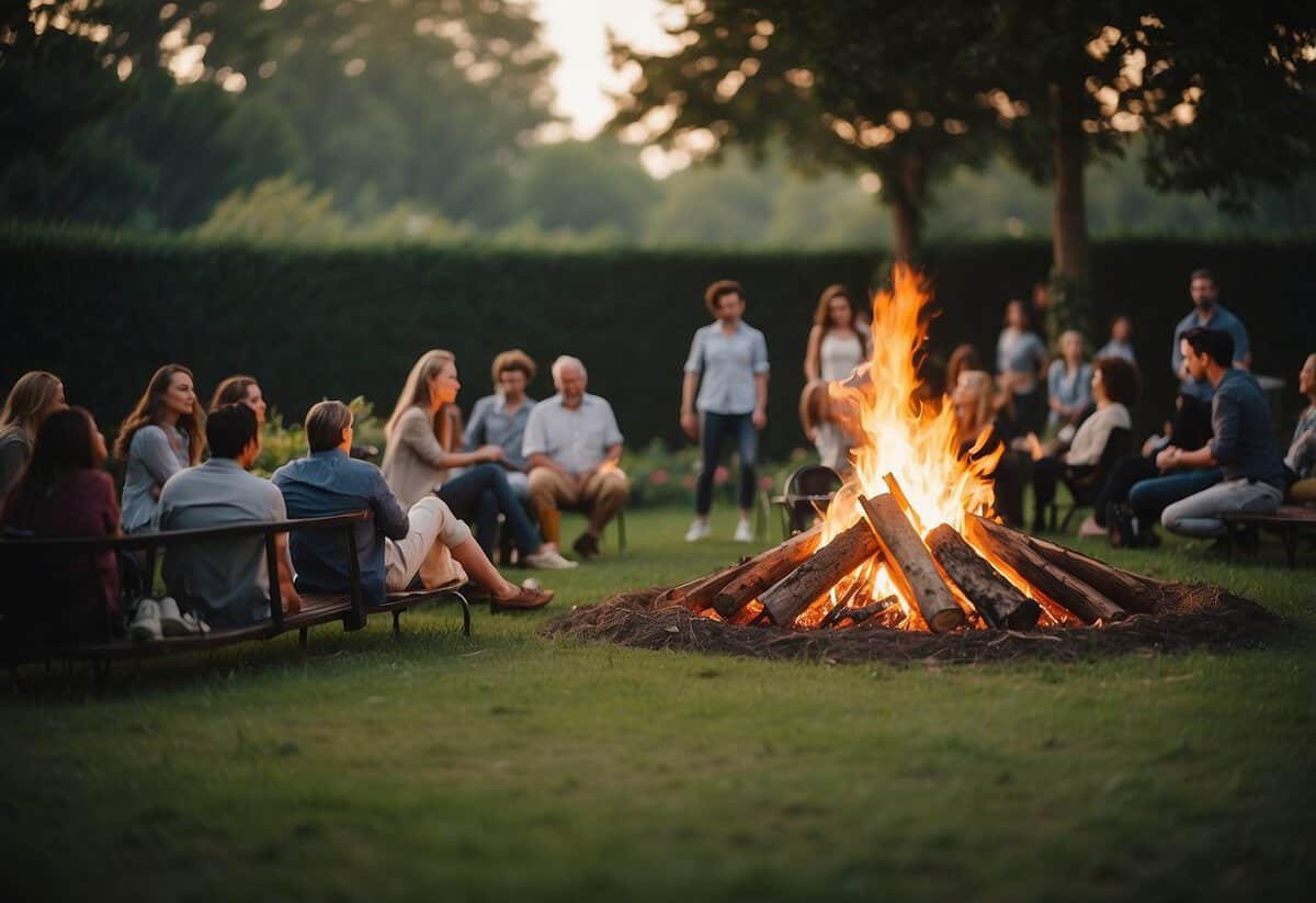 A spacious garden with a crackling bonfire, surrounded by a few people, with plenty of open space to avoid overcrowding