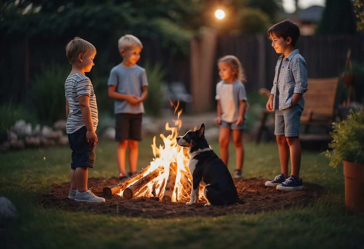 Children and pets play near a safe, contained garden bonfire. Adults supervise from a distance, ensuring everyone's safety