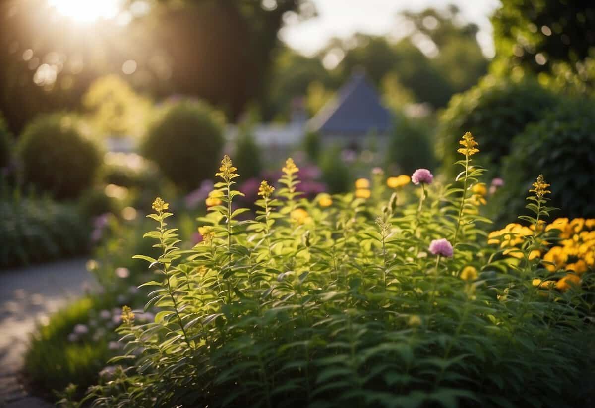 Lush foliage and colorful blooms fill the tranquil garden, as the sun casts a soft glow during cooler hours