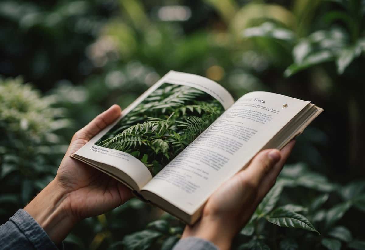 A hand flips through a plant guidebook in a lush botanical garden, following tips on caring for various species