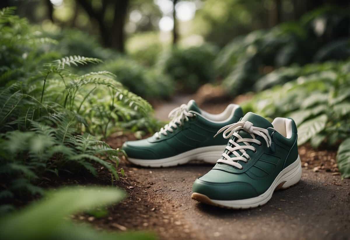 Lush greenery surrounds a winding path. A pair of comfortable shoes sits at the entrance, hinting at a leisurely stroll through the botanical garden