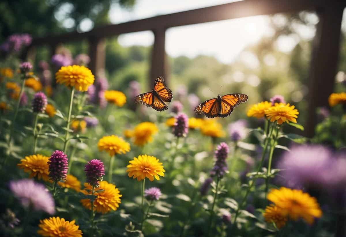 Lush garden with vibrant flowers, buzzing bees, and fluttering butterflies. Signs remind visitors to respect the wildlife