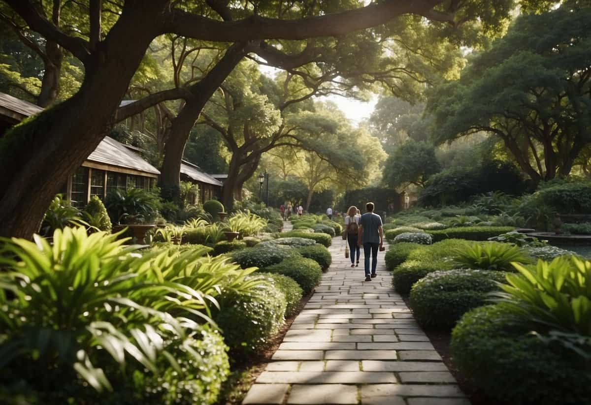 Visitors stroll through lush gardens, following mapped pathways. Signs offer tips for a serene and educational experience