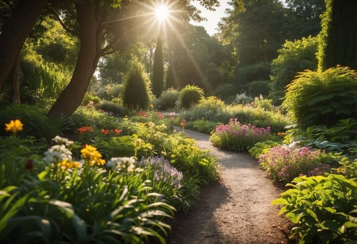 Lush greenery surrounds winding paths and vibrant flower beds in a peaceful botanical garden. Sunlight filters through the leaves, creating a serene atmosphere for visitors to enjoy