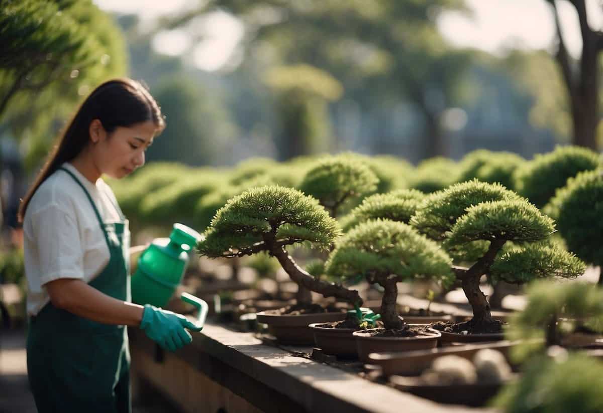 A person carefully applying fertilizer to a row of bonsai trees in a well-maintained garden