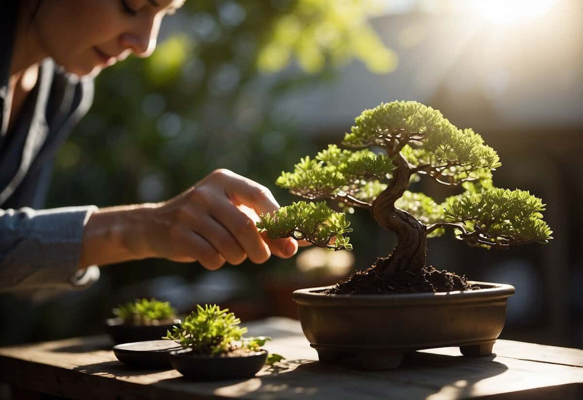 A person carefully selects a bonsai tree from a variety of options in a peaceful garden setting. The sunlight filters through the leaves, casting dappled shadows on the ground