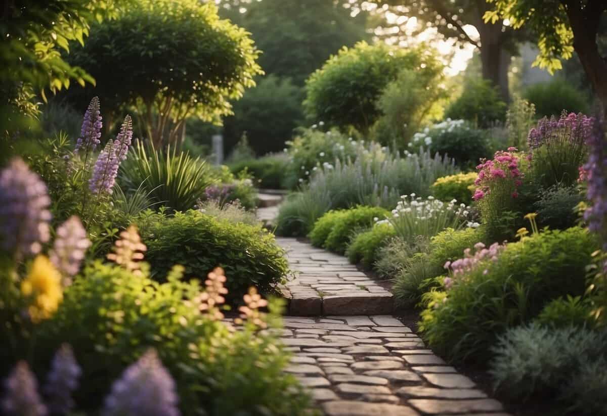 Lush greenery surrounds winding paths in the sensory garden, with vibrant flowers and fragrant herbs. A gentle breeze carries the sound of trickling water from a nearby fountain