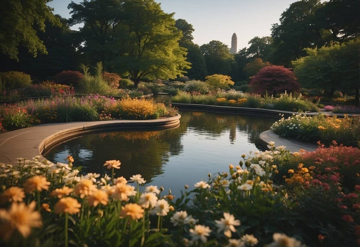 Lush gardens lit by soft evening light, visitors strolling among vibrant flowers and serene ponds at Chicago Botanical Garden