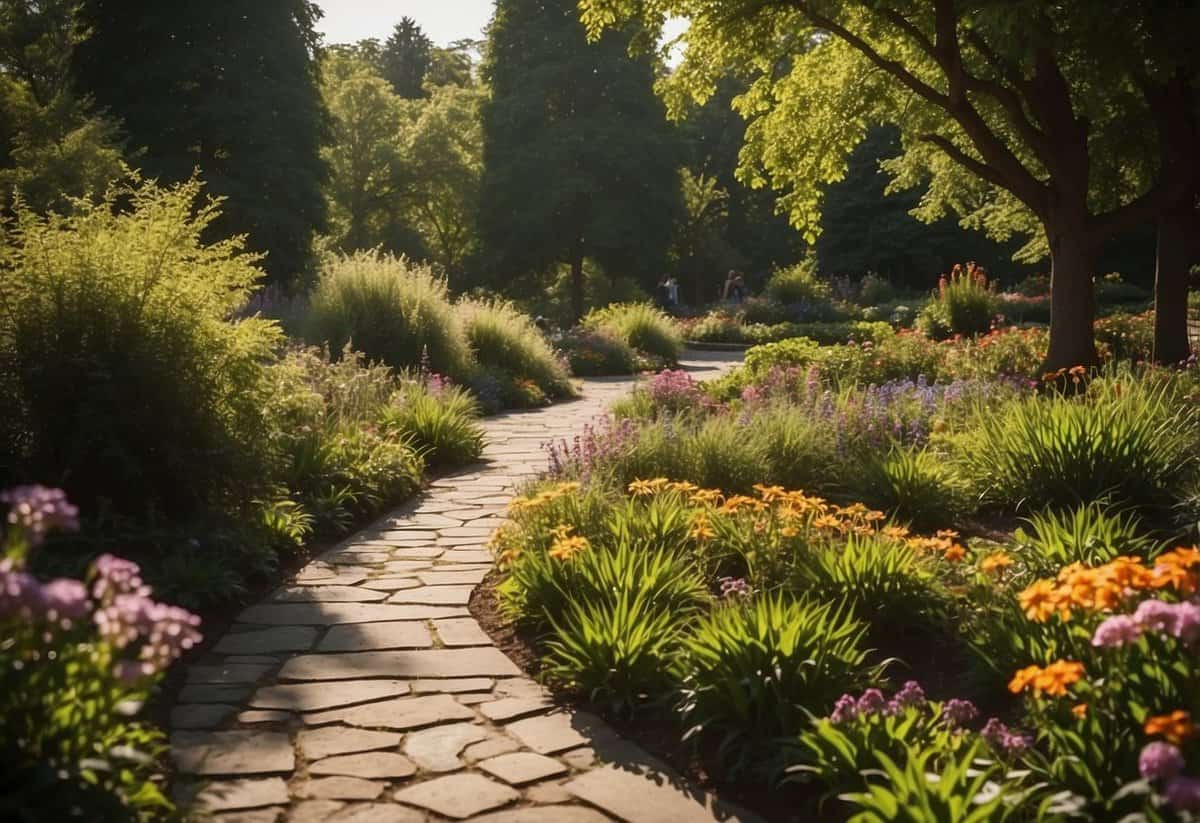 Lush garden with blooming flowers, winding paths, and serene ponds. Sunlight filters through the trees, casting dappled shadows. Visitors stroll and admire the vibrant displays