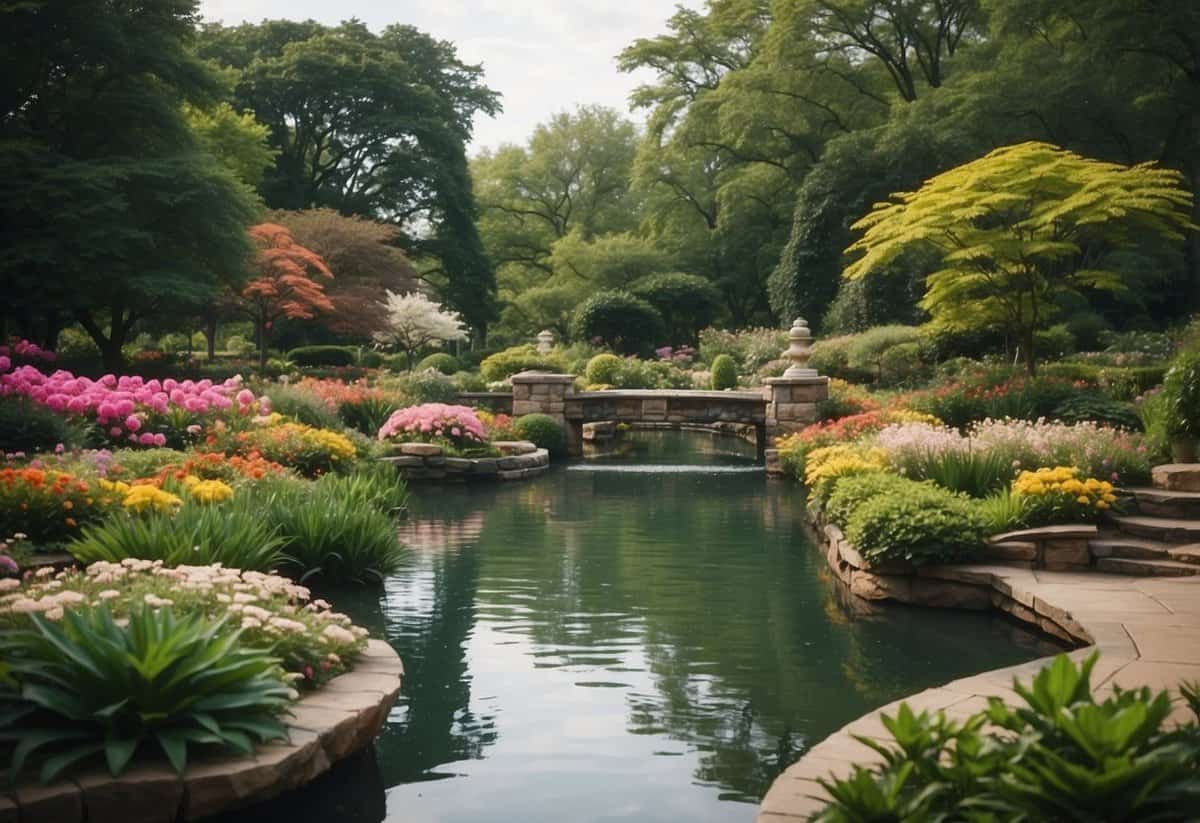 Lush gardens with colorful blooms, winding paths, and serene water features at Chicago Botanical Garden