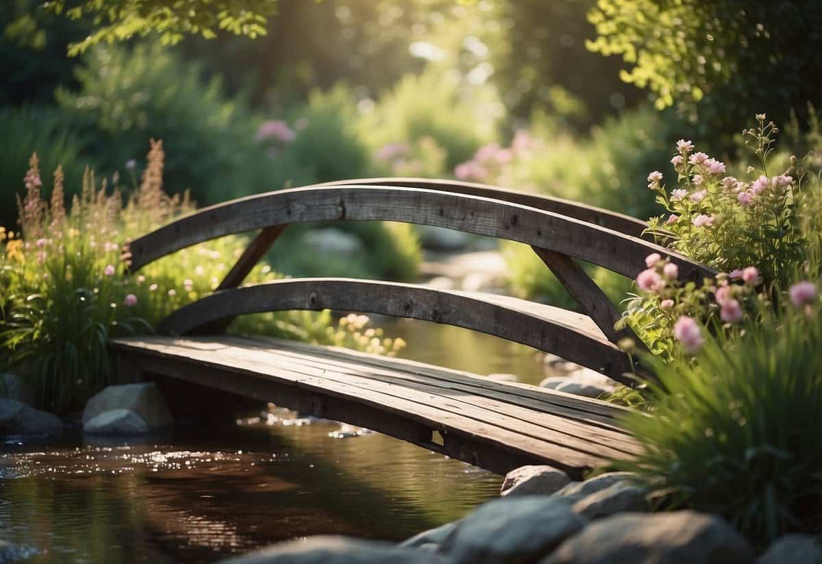 A weathered wooden bridge spans a tranquil stream, surrounded by lush greenery and colorful flowers, creating a rustic and charming garden feature