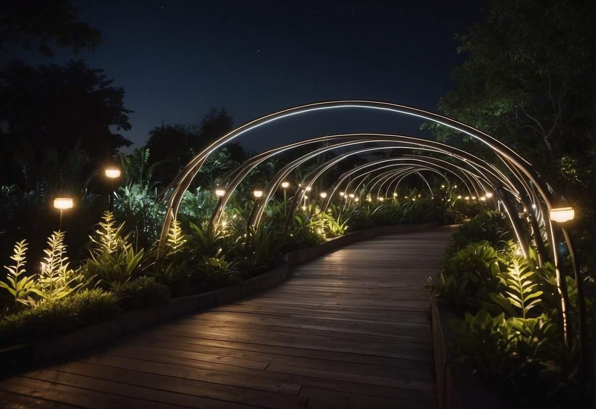 A modern bridge with integrated LED lighting illuminates a lush garden, creating a captivating nighttime appeal