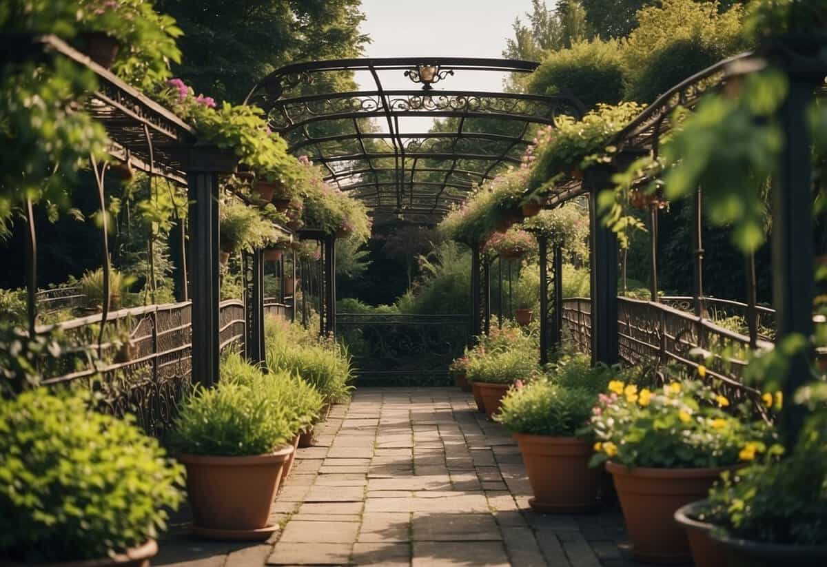 A garden bridge adorned with plant hangers and trellises, creating a lush and vibrant atmosphere